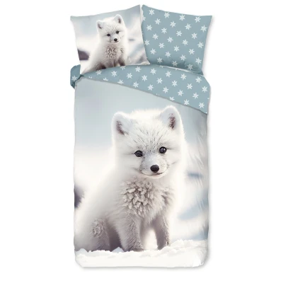 Afbeelding van Kinderdekbedovertrek 135x200 cm Poolvos en Sneeuwvlokken Print Wit/Blauw 1 Persoons 100% Katoen Flanel