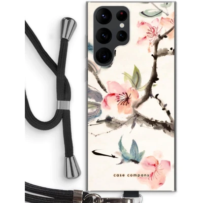 Afbeelding van Case Company® hoesje met Koord geschikt voor Samsung Galaxy S22 Ultra Japanse bloemen Telefoonhoesje Zwart Bescherming aan alle Kanten en Over de Schermrand