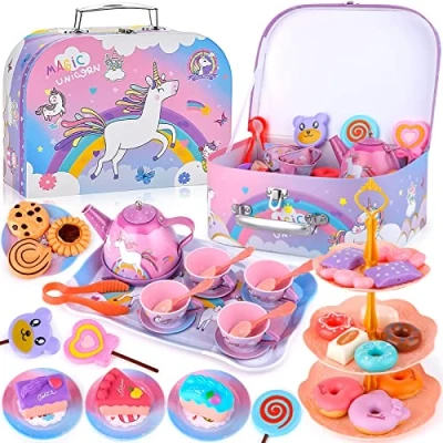 Afbeelding van ENCOUN theeservies voor kinderen, kinderdiner, accessoires, kookspellen, keukenspeelgoed meisjes, 3, 4, 5, 6, 7 jaar