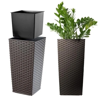 Afbeelding van KADAX Bloem/plantenpot, kunststof kuip, voor binnen en buiten, tuin, balkon, terras, huis, weerbestendig, imitatie rotan, 46,5 cm hoog, mokka (Mokka Rattan)