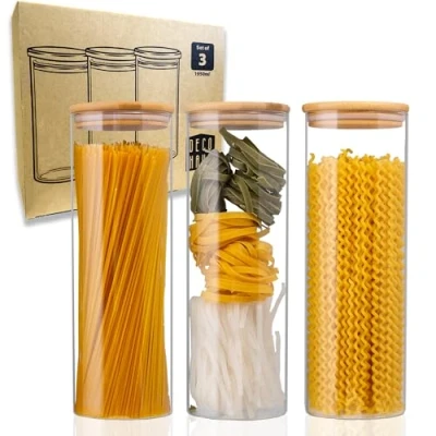 Afbeelding van Deco haus® Voorraadpotten voor spaghetti, 3 stuks, met deksel + etiketten, luchtdicht, granen, cornflakes, meel, glazen blikjes deksel, x 1950 ml