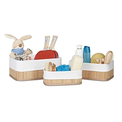 Afbeelding van Relaxdays opbergmand bamboe stof mandjes set van 3 manden badkamer Naturel