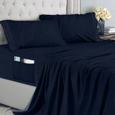 Afbeelding van Utopia Bedding geborduurd beddengoed, 4 delig (180 x 200 cm, marineblauw) beddengoed voor tweepersoonsbed, polyester microvezel, hoeslaken met opbergzakken, laken en 2 kussenslopen,