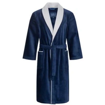 Afbeelding van Morgenstern Lange badjas voor heren, 100% katoen, badstof, fluweel, blauw/lichtgrijs