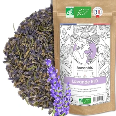 Image de Ascenbio ✿ Fleurs de Lavande Provence BIO France 100% PUR 180g Tisane Relaxation Préparé et conditionné en Emballage biodégradable