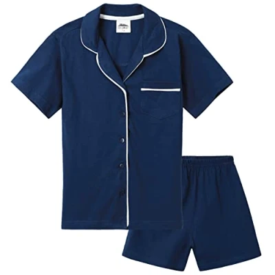 Afbeelding van CityComfort Pyjama voor meisjes, tieners, pyjamaset, zomer, zacht, ademend, nachthemd, korte mouwen, knoopsluiting en shorts, cadeau haar, marineblauw/wit, 11 12 jaar
