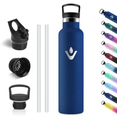 Afbeelding van Vikastar 1 liter roestvrijstalen thermosfles, BPA vrij, met rietje, voor school, sport, fietsen, camping, donkerblauw