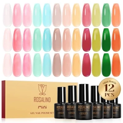 Afbeelding van ROSALIND Vernis Semi permanent Jelly, 12 Couleurs Jelly Rose Bleu Marron Rouge Vert Transparent Gel Permanent, Soak off Mini UV/LED Manucure