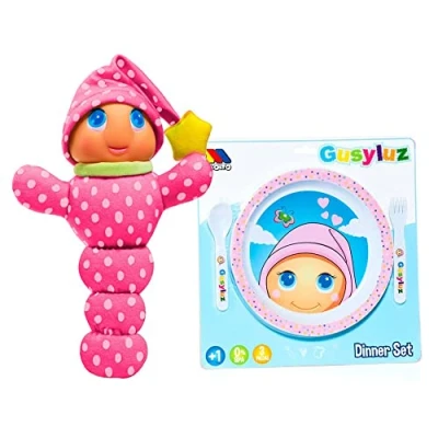 Afbeelding van M MOLTO Gusyluz® roze pluche speelgoed met licht om te slapen (+ kinderservies Gusyluz®) (Gusyluz + servies)