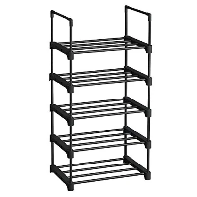 Afbeelding van SONGMICS schoenenrek met 5 niveaus, metalen schoenenrek, stapelbaar, ruimtebesparend, multifunctioneel, staande plank, voor hal, slaapkamer, woonkamer, zwart LSA005B02