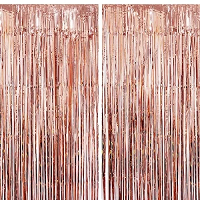 Afbeelding van Jonami Glittergordijnen in roségoud voor feestjes en verjaardagen, 2 stuks, franje gordijn van aluminium feestjes, metallic gordijnen