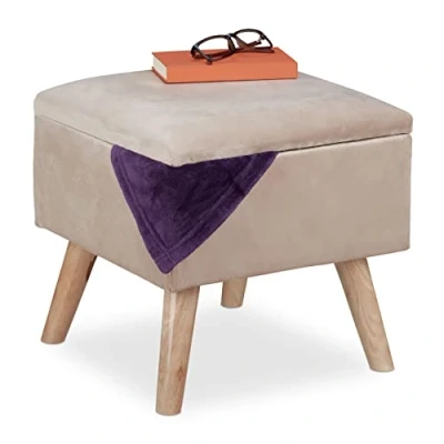 Afbeelding van Relaxdays Fluwelen kruk met opbergruimte, vierkant gevoerd houten poten, woonkamerkruk, 40 x cm, crème
