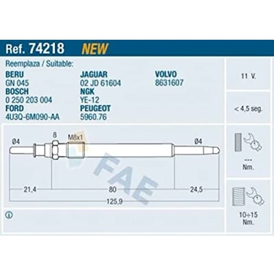Afbeelding van FAE 74218 Gloeibougie 11V M8x1 PEUGEOT: 407 Saloon, SW, Coupe, LAND ROVER: Range Rover Sport, Discovery 3, CITROËN: C6 C5 III Estate