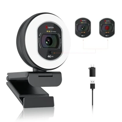 Afbeelding van Angetube 4K webcam met licht voor pc: UHD 4K, TOF autofocus, dubbele AI ruisonderdrukkende microfoons, 1080p @ 60 fps, USB streaming privacyafdekking computer