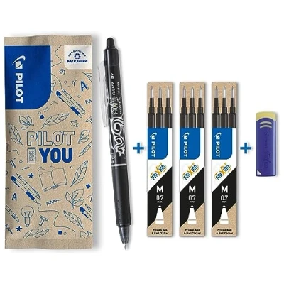 Afbeelding van Pilot Frixion Clicker navulbare gelpen met drukmechanisme en thermogevoelige inkt blauw (2 pennen, 9 minuten, 1 gum) middelste punt