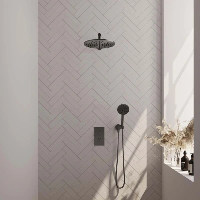 Afbeelding van Brauer gunmetal Carving Regendoucheset inbouw hoofddouche 30cm knop handdouche rond 3 standen PVD geborsteld