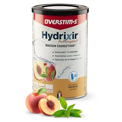 Image de OVERSTIM.s Boisson Hydrixir Antioxydant énergétiquepour le sport Electrolytes (sodium,magnésium) Vitamines (B1,B6,C,E) Réduction de la fatigue (Thé pêche, 600 g)