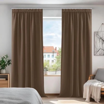 Afbeelding van Deconovo Verduisteringsgordijnen, ondoorzichtig, kantoor, gordijn, slaapkamer, decoratief, keuken, woonkamer, plooiband, zonder boren, thermisch, bruin, 140 x 175 cm, 2 stuks