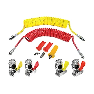 Afbeelding van Ryme Automotive Luchtremset voor vrachtwagens, aanhangers, 2 x luchtslangen M16 1,5, rood en geel, 5 m, met automatische handmatige koppelingskop. Inclusief handgrepen