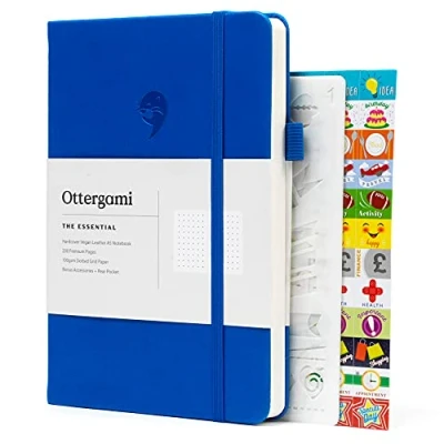 Afbeelding van Ottergami Notitieboek A5 Notebook Journal met Puntjes Hoogwaardig Dik Papier 100g/m² 192 pagina’s Bullet Blauw Dagboek Vegan Lederen Kaft Blue Hardcover Bonus: set van 140 Stickers