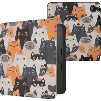 Afbeelding van kwmobile E reader hoesje geschikt voor Kobo Libra 2 hoes flip case met magnetische sluiting Ereader cover Katten design in oranje / zwart wit