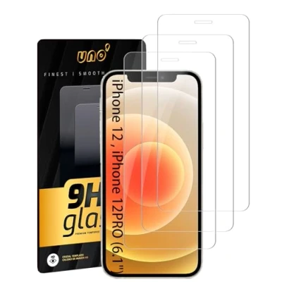 Afbeelding van UNO&#039; 3 stuks beschermbeschermer voor iPhone 12/12 Pro (6,1 inch). Anti vingerafdruk, krasbestendig, oppervlaktehardheid 9H, zonder luchtbellen, ultra bestendig, transparant.