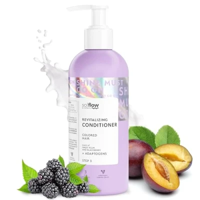 Afbeelding van So!Flow Revitaliserende en hydraterende conditioner met rhodiola pruimenzaadolie, rijk aan voedingsstoffen om gekleurd haar te revitaliseren voeden voor een zijdezachte gezonde glans