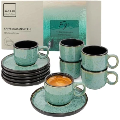 Afbeelding van Sänger Fiji Value Collection Set van 12 espressokopjes aardewerk, voor 6 personen, vaatwasser en magnetronbestendig, donkergroen, 80 ml