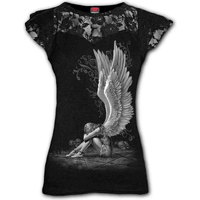 Afbeelding van Spiral Enslaved Angel Lace Layered Cap Sleeve Top Zwart Dames T shirt (1 stuk), zwart.