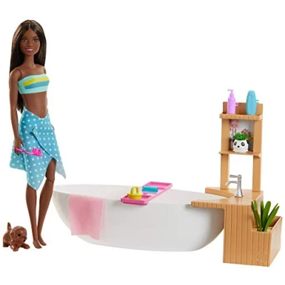 Afbeelding van Barbie GJN33 Wellnestag pop (bruint) en speelset, met badkuip, honden andere accessoires, speelgoed vanaf 3 jaar