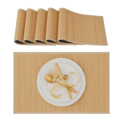 Afbeelding van Relaxdays bamboe tafelloper set van 6 eettafel rechthoekig afwasbaar non slip tafelmat, natuur 30 x 45 cm