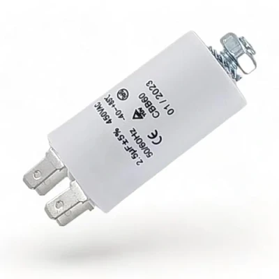 Afbeelding van DEKAROX Universele condensator 2,50 µF 450 V Ø 30 x 57 mm met AMP aansluitingen 6,3 bevestigingsschroef M8 CBB60 start en racecondensator voor huishoudelijke apparaten