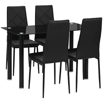 Afbeelding van HOMCOM Eettafelset met 4 stoelen, 5 delige keukenmeubelset, tafelblad van gehard glas, poten staal, zwart