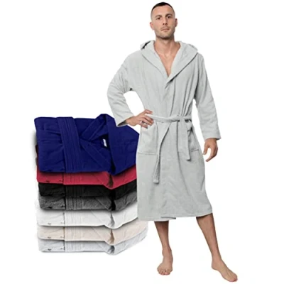 Afbeelding van Twinzen badjas voor heren XS, S, M, L, XL, XXL 100% katoen met capuchon Oeko Tex® gecertificeerd van badstof 2 zakken, riem zacht, absorberend en comfortabel, grijs.