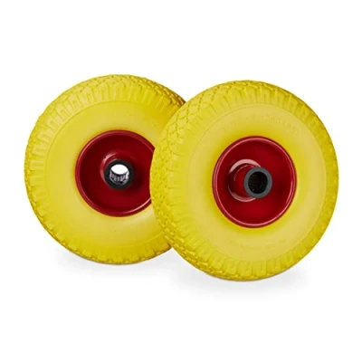 Afbeelding van Relaxdays steekwagenwiel set van 2 stuks stalen velg anti lek 25 mm as 100 kg Geel rood