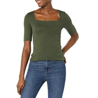 Image de Amazon Essentials T Shirt Ajusté à Manches Mi Longues et Col Carré Women&#039;s, Vert Olive, S