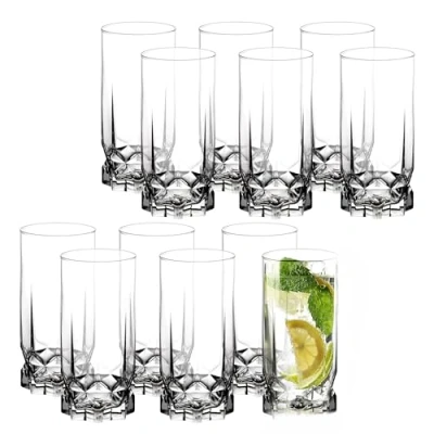 Afbeelding van KADAX Waterglazen, set van 12 dikwandige geribbelde glazen voor water, drankjes, sap, party, cocktailglazen, drankglazen, 325 ml hoog