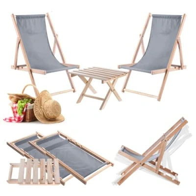 Afbeelding van KADAX Klaptafel met 2 ligstoelen, kleine houten tuintafel, bijzettafel voor balkon en tuin, opvouwbare salontafel (grijs)