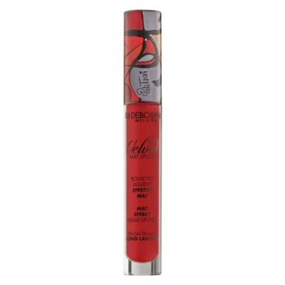 Afbeelding van Deborah Milano Fluid Velvet mat Lipstick N.7 Fire Red Painted by Paola Turani, vloeibare lippenstift met effect, geeft pluizige en hydraterende lippen, 4,5 g