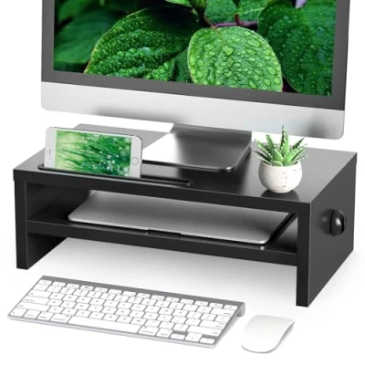 Afbeelding van RFIVER Houten monitorhouder met smart phone houder, computer monitor standaard kabelmanagement voor laptop, iMac, PC, 2 niveaus tv standaard, zwart