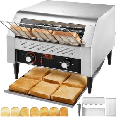 Afbeelding van VEVOR Commerciële transportbroodrooster 450 sneetjes per uur roestvrijstalen broodrooster 2600 W 7 snelheidsinstellingen met dienblad voor kruimels, broodjes, hamburgers, bakkerij,