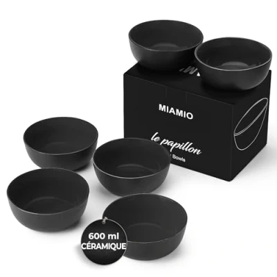 Afbeelding van MIAMIO 6 x 600 ml Steengoed Bowl Set Buiten Zwart Kleurrijke Interieur Le Papillon Collection (Zwart)