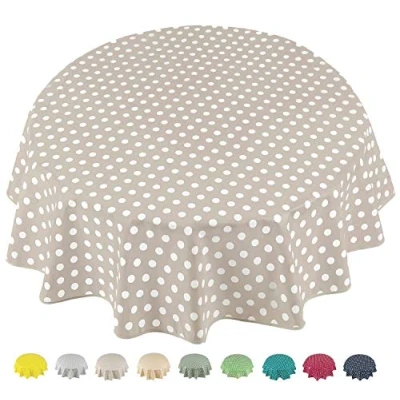 Afbeelding van Home Direct Ronde Tafelzeil PVC Veeg Schoon Tafelkleed Tafelhoes 140cm 55&quot; Polka Dot Beige Grijs