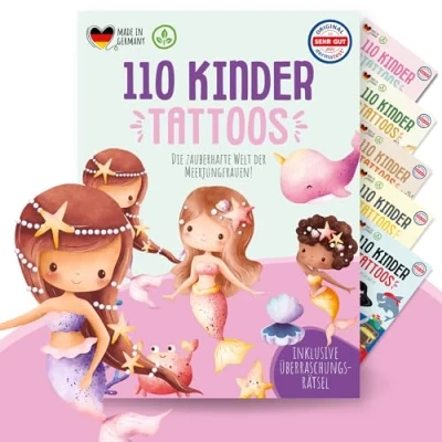 Afbeelding van MeinBaby123 110 stuks kindertatoeages, huidvriendelijk, met zeemeerminnen, tatoeages voor kinderen, om op te plakken, veganistisch, made in Germany, zeemeermin