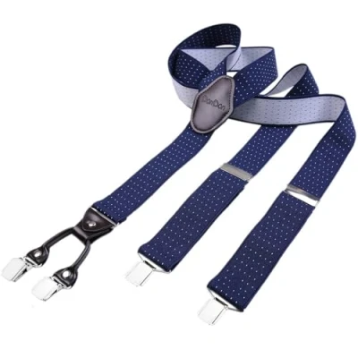 Afbeelding van DonDon bretels heren breed 3,5 cm met 4 extra sterke clips en bruine leren patch, Donkerblauw/wit gestippeld