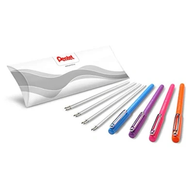 Afbeelding van Pentel BX460 iZee balpen in 4 kleuren met vullingen, verschillende kleuren, kleur van de behuizing komt overeen schrijfkleur, dop metalen clip, lijndikte 0,5 mm = diameter
