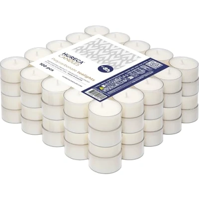 Afbeelding van Horeca Candles Set van 100 witte theelichtjes Levensduur 8 uur Geurloos, geurvrij Helder plastic glas