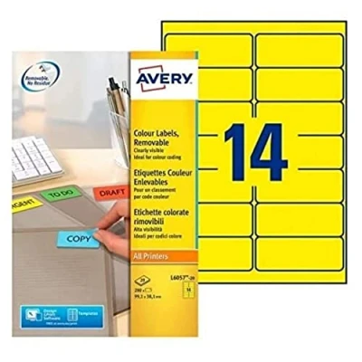 Afbeelding van Avery afneembare gekleurde etiketten ft 99,1 x 38,1 mm (b h), 280 stuks, 14 per blad, geel etiket