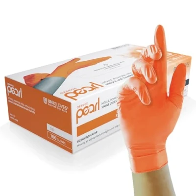 Afbeelding van Unigloves Orange Pearl nitril onderzoekshandschoenen multifunctionele wegwerphandschoenen, poedervrij en latexvrij, doos met 100 handschoenen, oranje, maat M (GP0133)
