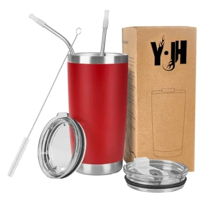 Afbeelding van Y·J&amp;H 600 ml reisbeker, dubbelwandig, vacuüm geïsoleerd, roestvrij staal, met 2 spatdeksels, rietjes en afvoerborstel, BPA vrij, rood